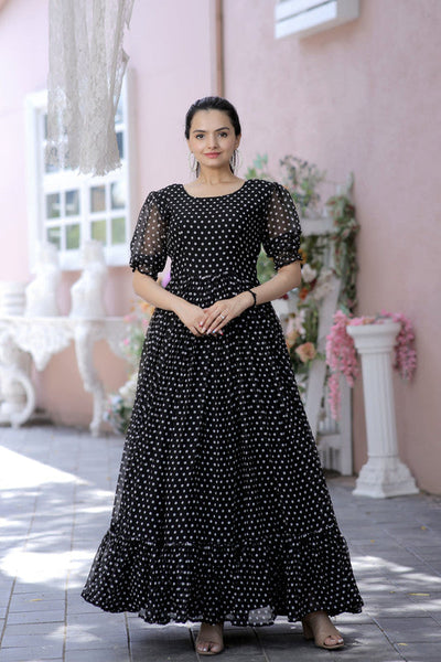 Women's Black Faux Georgette Printed Festive Anarkali Dress