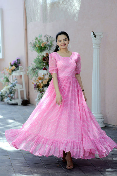 Women's Pink Faux Georgette Printed Festive Anarkali Dress