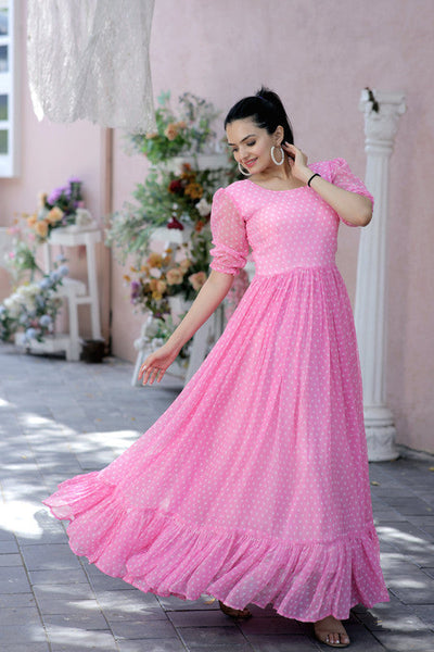 Women's Pink Faux Georgette Printed Festive Anarkali Dress