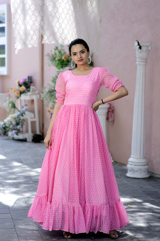 Women's Pink Faux Georgette Printed Festive Anarkali Dress