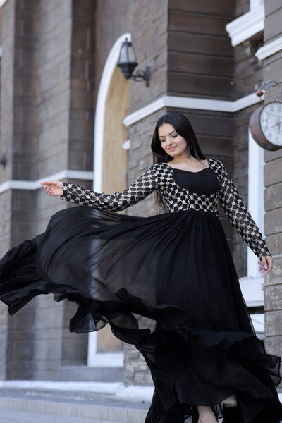 Women's Black Faux Blooming Sequins With Zari Embroidered Anarkali Dress