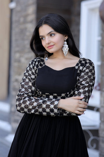 Women's Black Faux Blooming Sequins With Zari Embroidered Anarkali Dress