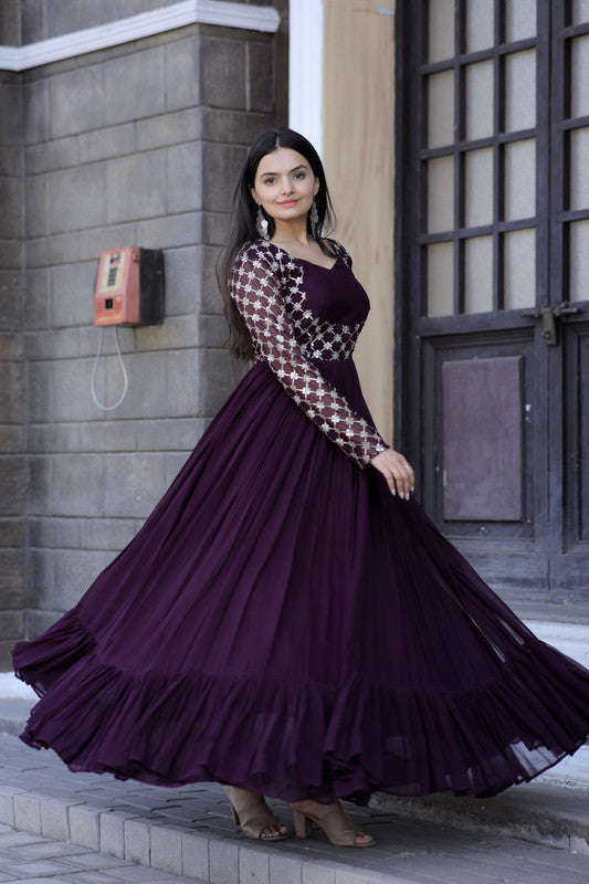 Women's Wine Faux Blooming Sequins With Zari Embroidered Anarkali Dress
