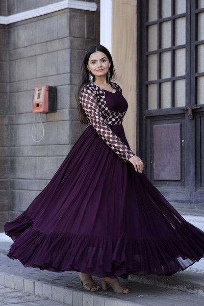 Women's Wine Faux Blooming Sequins With Zari Embroidered Anarkali Dress