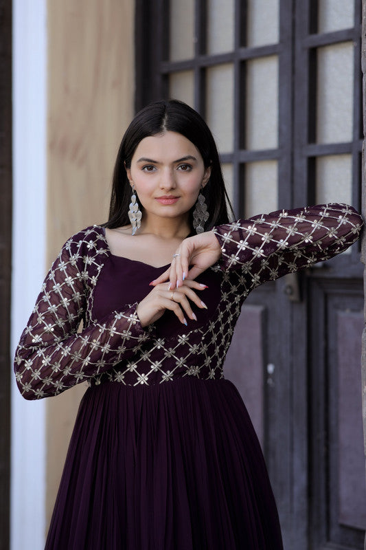 Women's Wine Faux Blooming Sequins With Zari Embroidered Anarkali Dress
