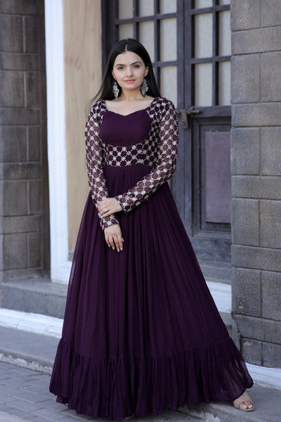 Women's Wine Faux Blooming Sequins With Zari Embroidered Anarkali Dress