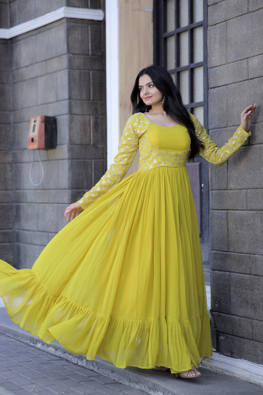 Women's Yellow Faux Blooming Sequins With Zari Embroidered Anarkali Dress