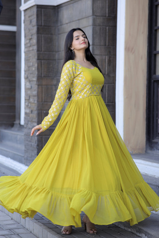 Women's Yellow Faux Blooming Sequins With Zari Embroidered Anarkali Dress