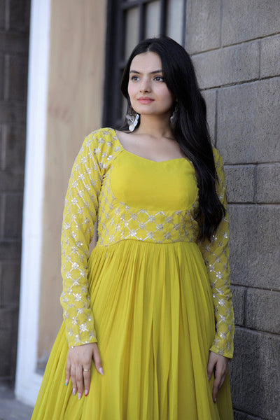 Women's Yellow Faux Blooming Sequins With Zari Embroidered Anarkali Dress