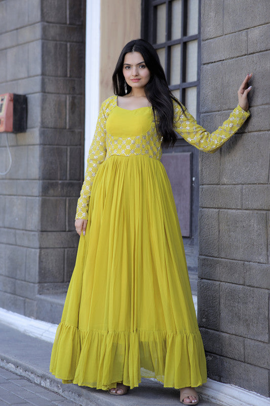 Women's Yellow Faux Blooming Sequins With Zari Embroidered Anarkali Dress