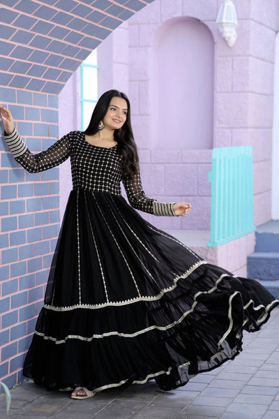 Women's Black Faux Blooming Sequins With Zari Embroidered Anarkali Dress