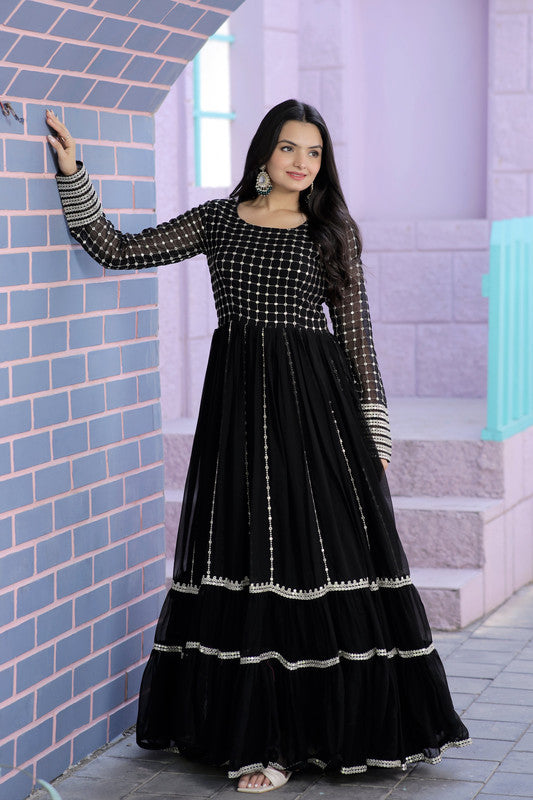 Women's Black Faux Blooming Sequins With Zari Embroidered Anarkali Dress
