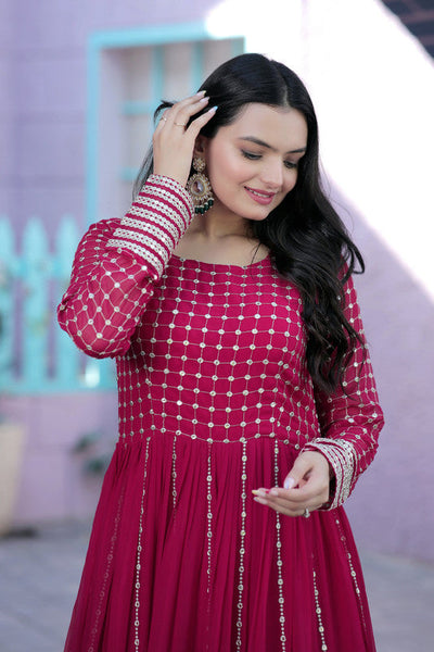 Women's Rani Pink Faux Blooming Sequins With Zari Embroidered Anarkali Dress