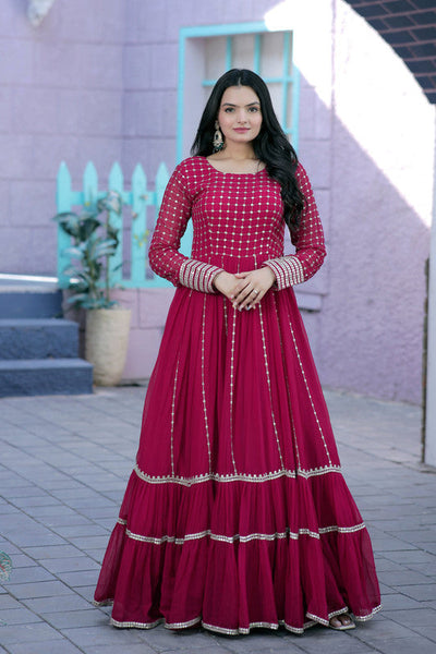 Women's Rani Pink Faux Blooming Sequins With Zari Embroidered Anarkali Dress