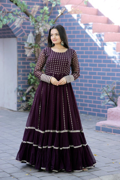 Women's Wine Faux Blooming Sequins With Zari Embroidered Anarkali Dress
