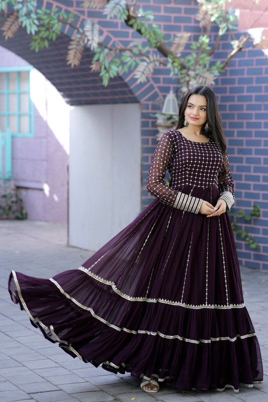 Women's Wine Faux Blooming Sequins With Zari Embroidered Anarkali Dress