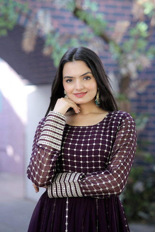 Women's Wine Faux Blooming Sequins With Zari Embroidered Anarkali Dress