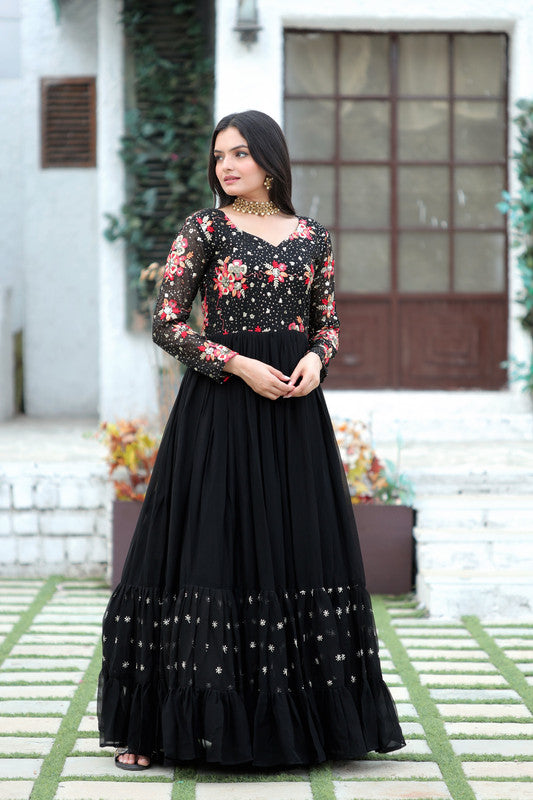 Women's Black Faux Blooming Sequins With Multi Thread Embroidered Anarkali Dress
