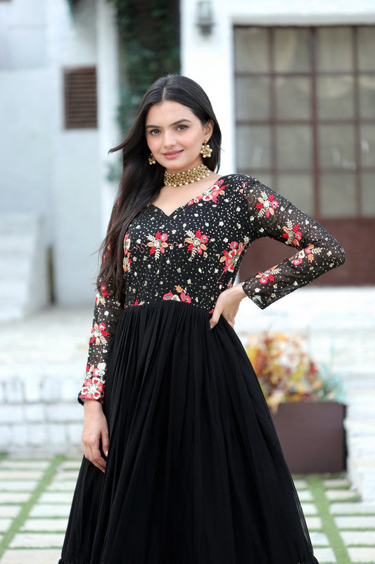 Women's Black Faux Blooming Sequins With Multi Thread Embroidered Anarkali Dress