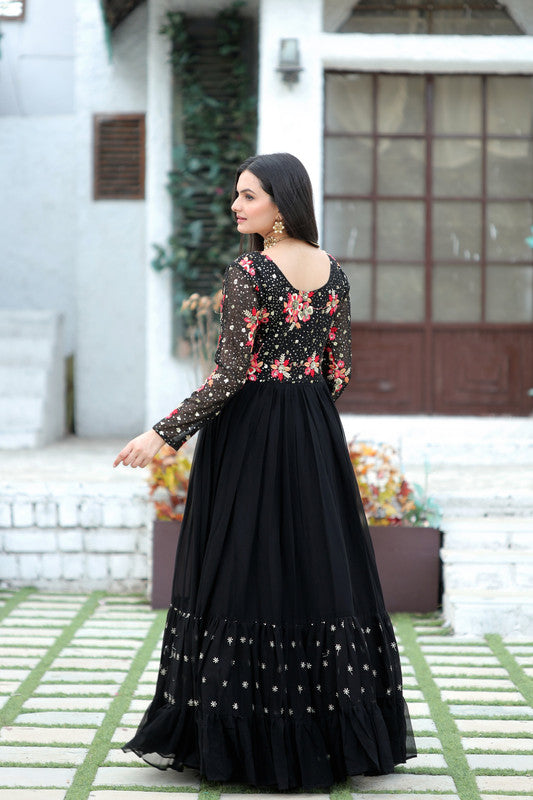 Women's Black Faux Blooming Sequins With Multi Thread Embroidered Anarkali Dress