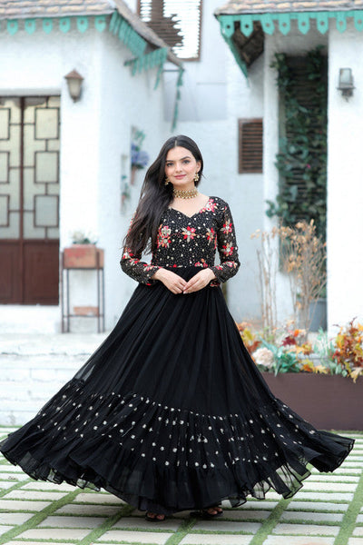 Women's Black Faux Blooming Sequins With Multi Thread Embroidered Anarkali Dress