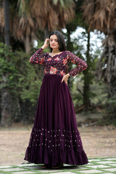Women's Wine Faux Blooming Sequins With Multi Thread Embroidered Anarkali Dress