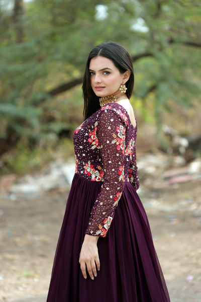 Women's Wine Faux Blooming Sequins With Multi Thread Embroidered Anarkali Dress