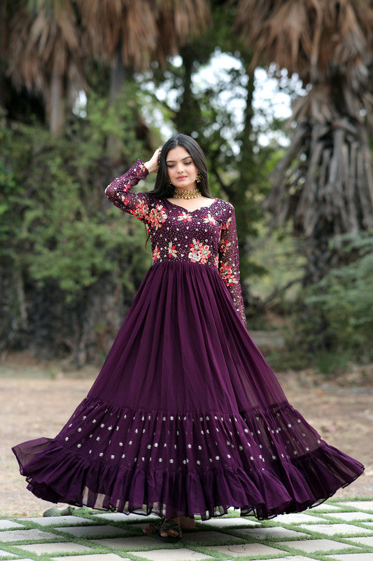 Women's Wine Faux Blooming Sequins With Multi Thread Embroidered Anarkali Dress