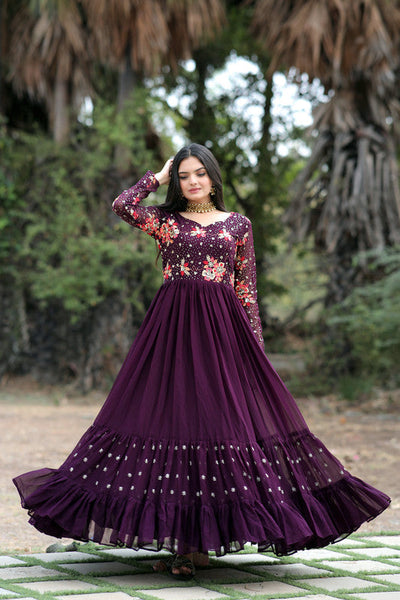 Women's Wine Faux Blooming Sequins With Multi Thread Embroidered Anarkali Dress