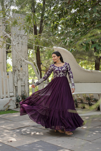 Women's Wine Faux Blooming Jacquard With Sequins Embroidered Anarkali Dress