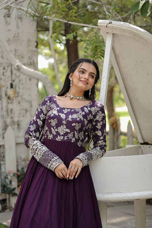 Women's Wine Faux Blooming Jacquard With Sequins Embroidered Anarkali Dress
