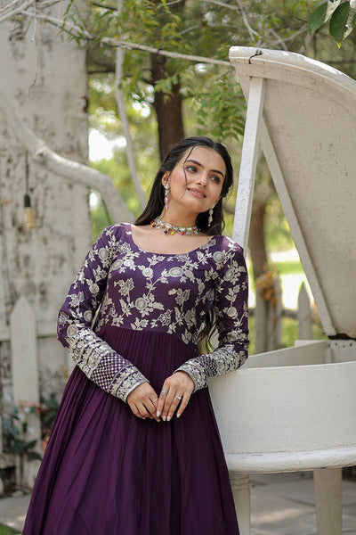 Women's Wine Faux Blooming Jacquard With Sequins Embroidered Anarkali Dress