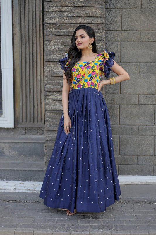 Women's Blue Maslin With Chinnon Embroidered Partwear Anarkali Dress