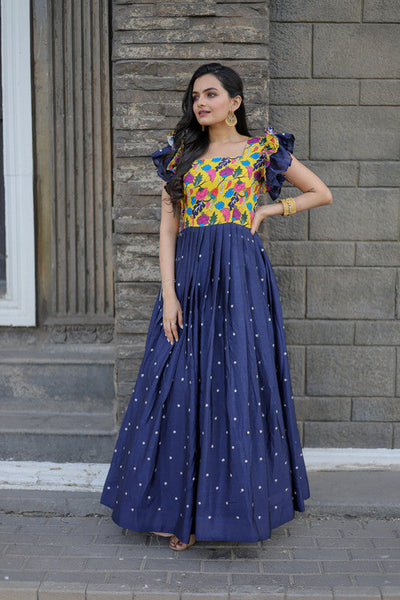 Women's Blue Maslin With Chinnon Embroidered Partwear Anarkali Dress