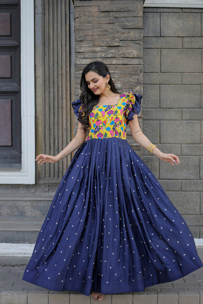 Women's Blue Maslin With Chinnon Embroidered Partwear Anarkali Dress