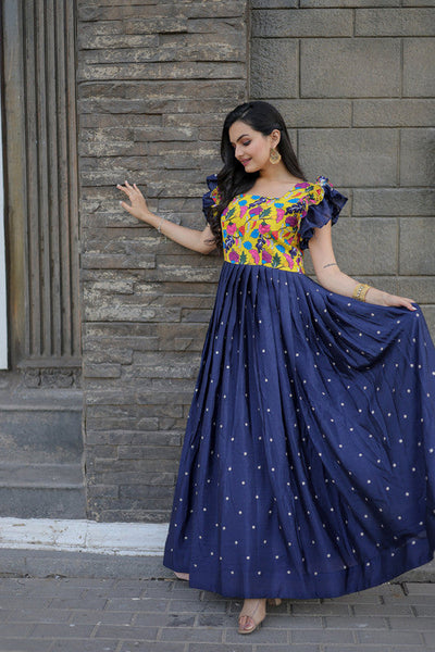 Women's Blue Maslin With Chinnon Embroidered Partwear Anarkali Dress
