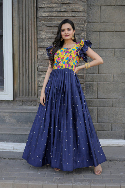 Women's Blue Maslin With Chinnon Embroidered Partwear Anarkali Dress