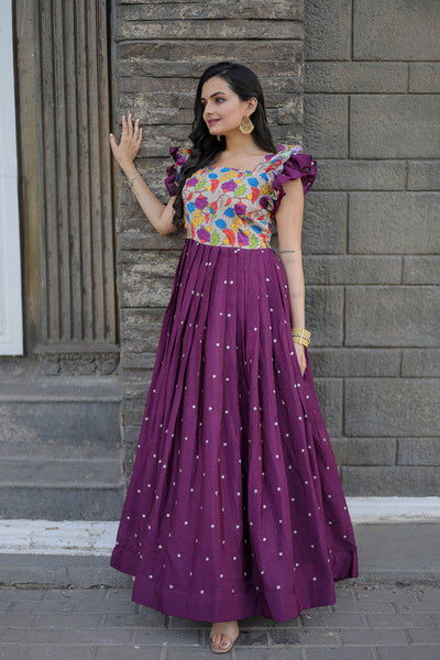 Women's Wine Maslin With Chinnon Embroidered Partwear Anarkali Dress