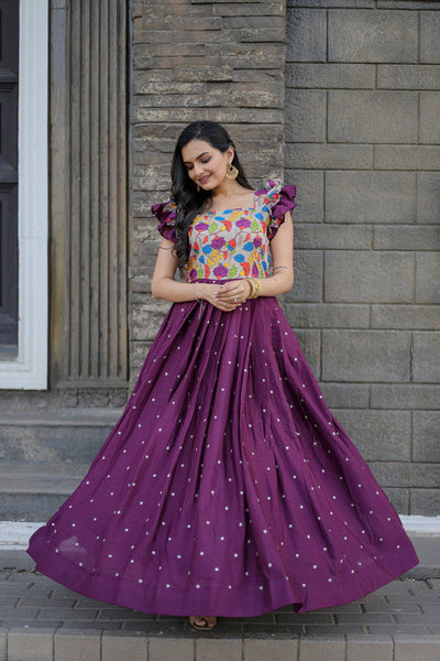 Women's Wine Maslin With Chinnon Embroidered Partwear Anarkali Dress