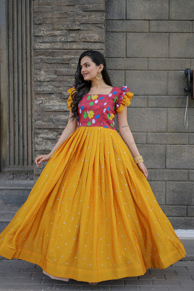 Women's Yellow Maslin With Chinnon Embroidered Partwear Anarkali Dress