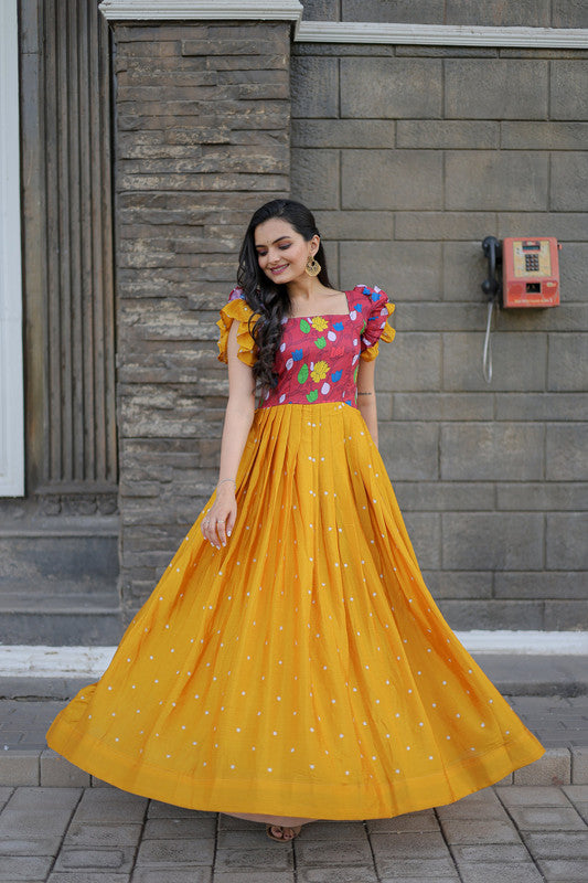 Women's Yellow Maslin With Chinnon Embroidered Partwear Anarkali Dress