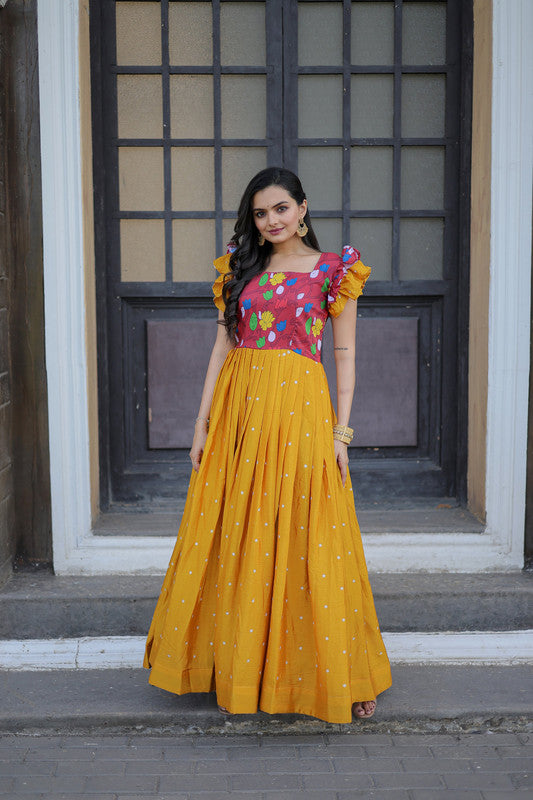 Women's Yellow Maslin With Chinnon Embroidered Partwear Anarkali Dress