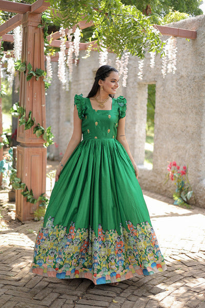 Women's Green Dola Silk Printed Festive Designer Anarkali Dress