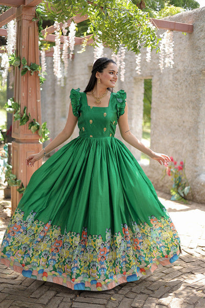 Women's Green Dola Silk Printed Festive Designer Anarkali Dress