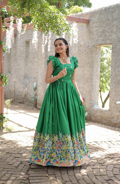 Women's Green Dola Silk Printed Festive Designer Anarkali Dress