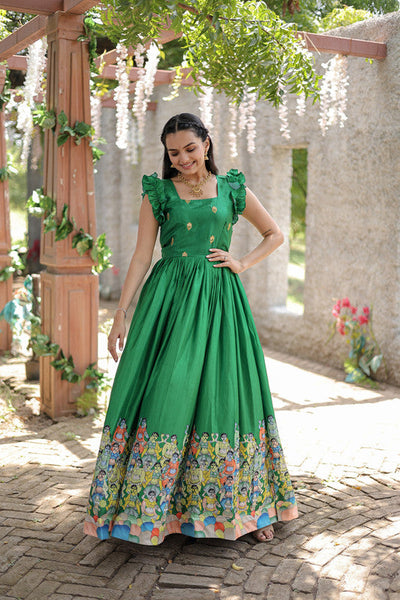 Women's Green Dola Silk Printed Festive Designer Anarkali Dress