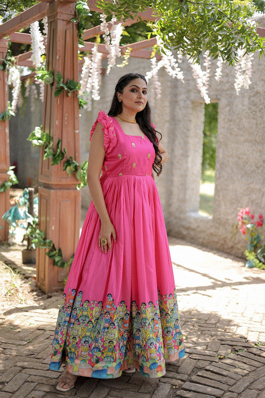 Women's Pink Dola Silk Printed Festive Designer Anarkali Dress