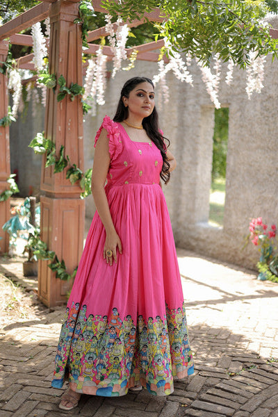 Women's Pink Dola Silk Printed Festive Designer Anarkali Dress