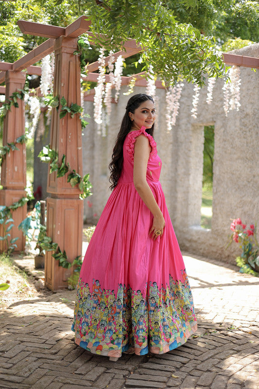 Women's Pink Dola Silk Printed Festive Designer Anarkali Dress