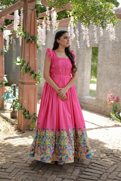 Women's Pink Dola Silk Printed Festive Designer Anarkali Dress